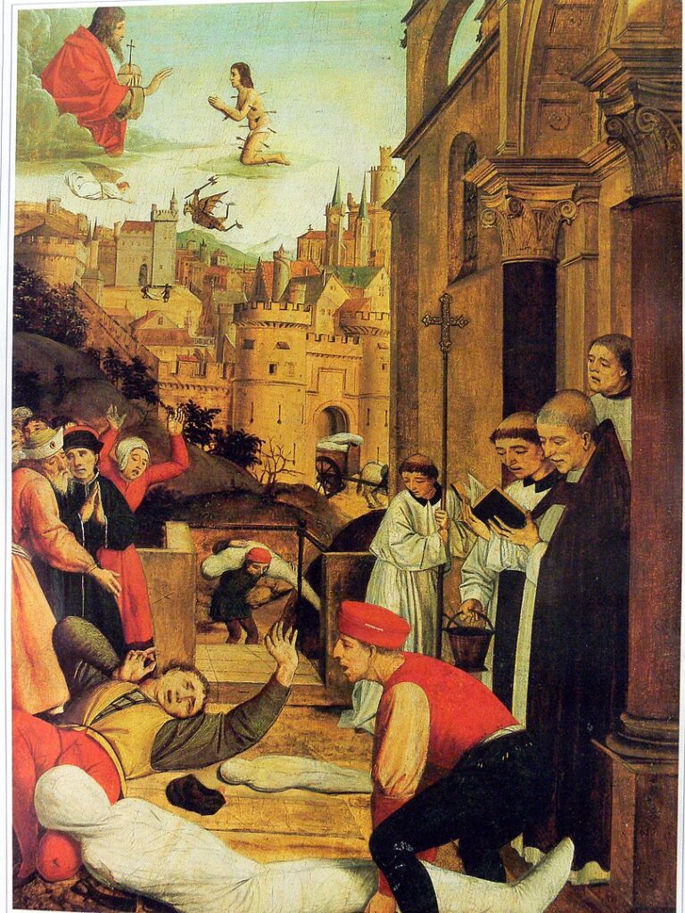 Saint Sebastian pleads with Jesus for the life of a gravedigger afflicted by plague during the Plague of Justinian. (Josse Lieferinxe, c. 1497–1499)